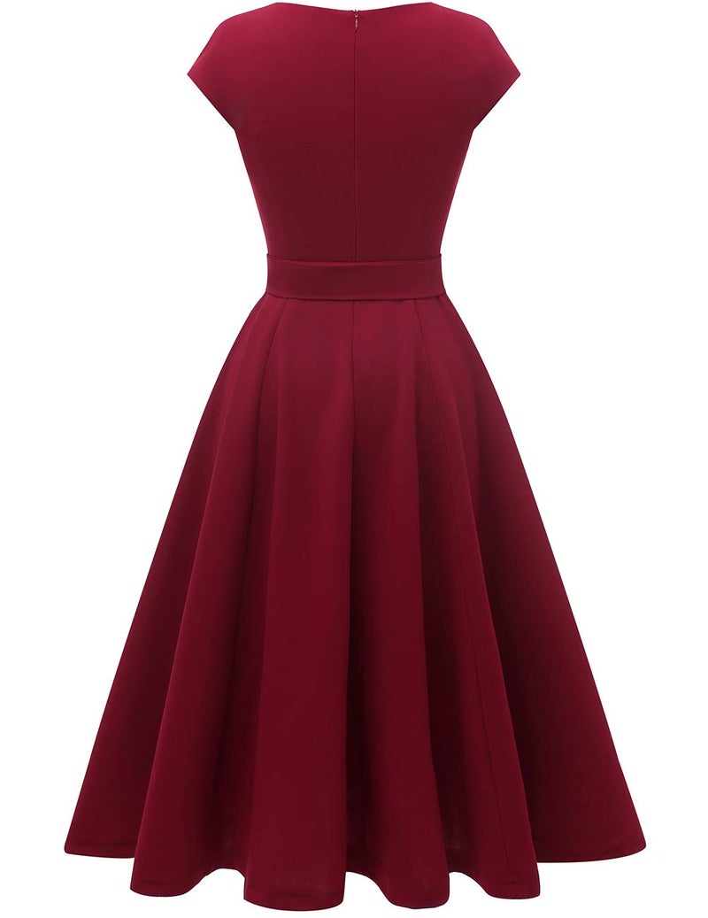 DRESSTELLS Red Valentines Party Date Night Dress, Women's Cocktail Formal Wedding Guest 50s Vintage Tea Party Aline Midi Modest Prom Dress Burgundy XL - Image 3